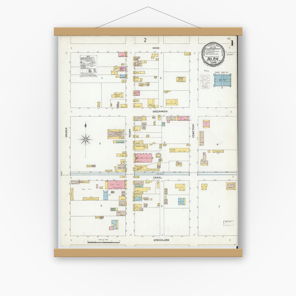 Old map wall art mockup — magnetic wood frame on white wall — Sanborn Fire Insurance Map from Del Rio, Val Verde County, Texas (1900) - Complete Map Set