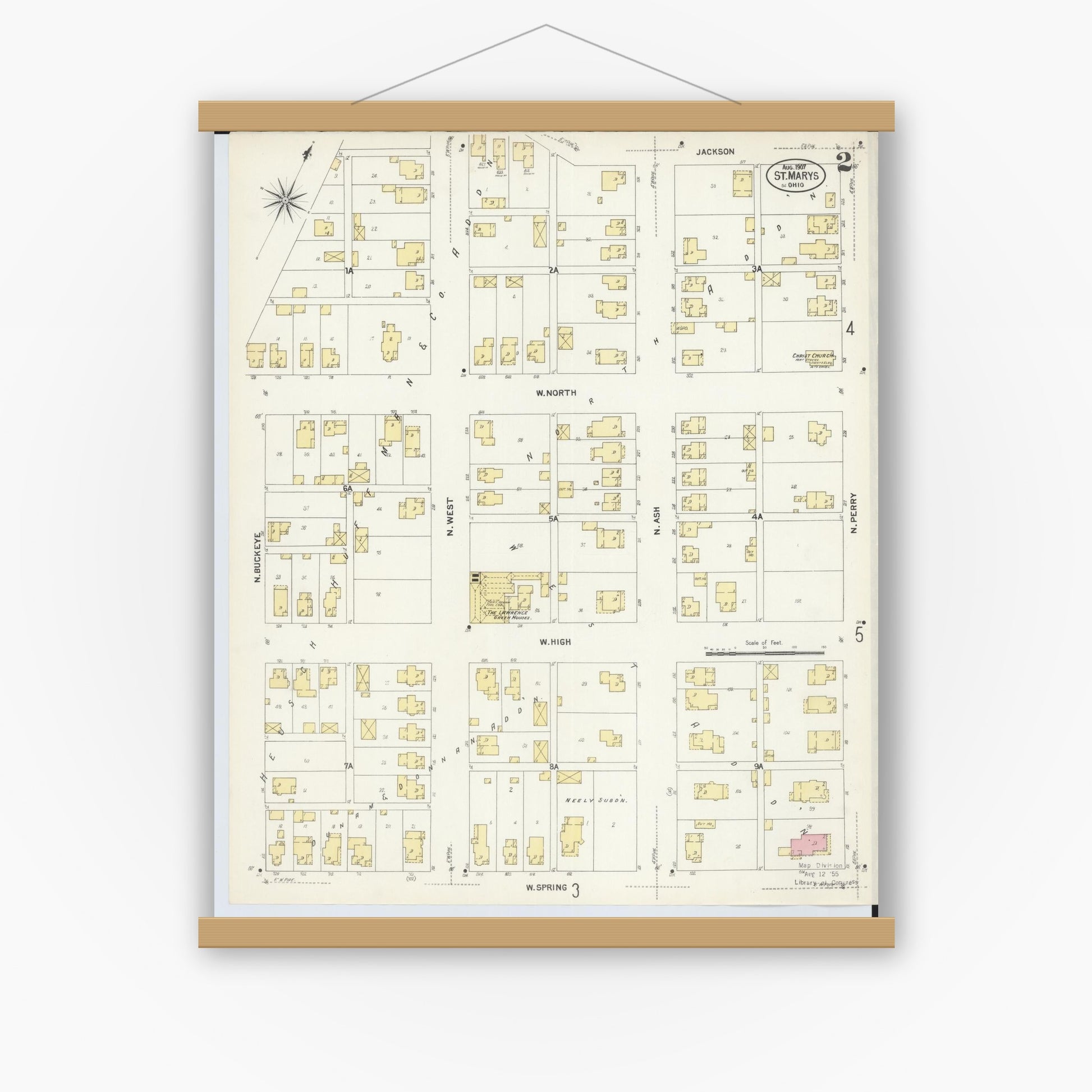 Old map wall art mockup — magnetic wood frame on white wall — Sanborn Fire Insurance Map from Saint Marys, Auglaize County, Ohio (1907), Sheet #0002
