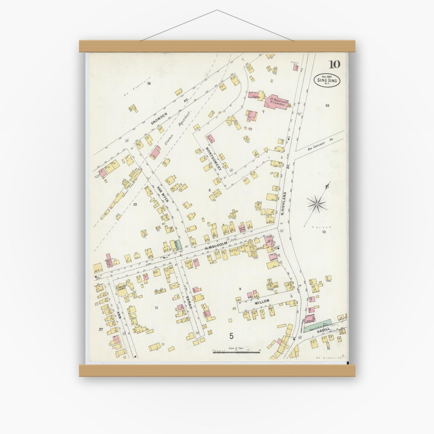 Old map wall art mockup — magnetic wood frame on white wall — Sanborn Fire Insurance Map from Sing Sing, Westchester County, New York (1897), Sheet #0010