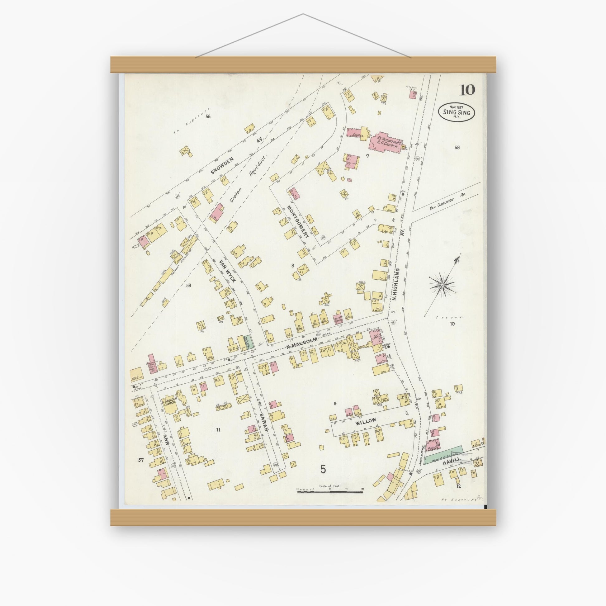 Old map wall art mockup — magnetic wood frame on white wall — Sanborn Fire Insurance Map from Sing Sing, Westchester County, New York (1897), Sheet #0010