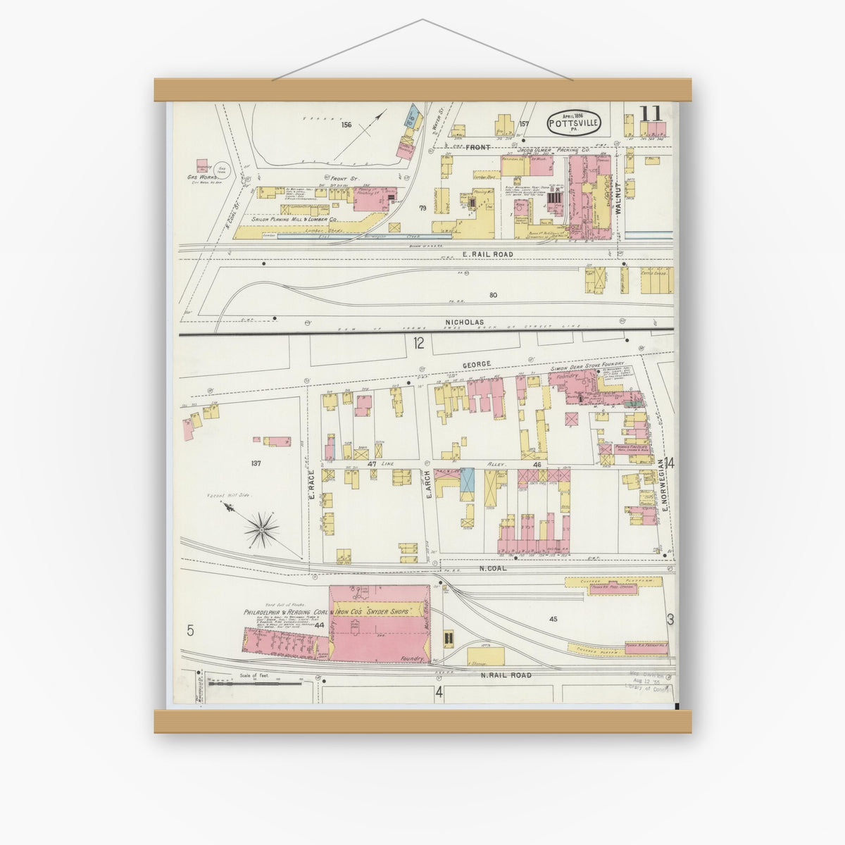 Old map wall art mockup — magnetic wood frame on white wall — Sanborn Fire Insurance Map from Pottsville, Schuylkill County, Pennsylvania (1895), Sheet #0011