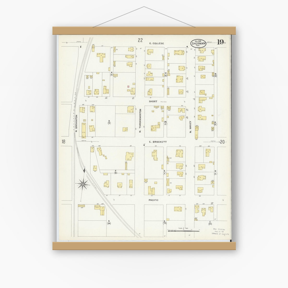 Old map wall art mockup — magnetic wood frame on white wall — Sanborn Fire Insurance Map from Sherman, Grayson County, Texas (1908), Sheet #0019