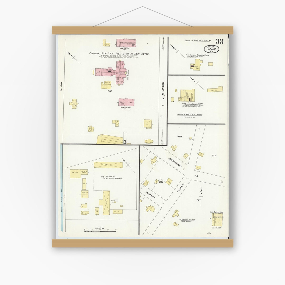 Old map wall art mockup — magnetic wood frame on white wall — Sanborn Fire Insurance Map from Rome, Oneida County, New York (1909), Sheet #0033