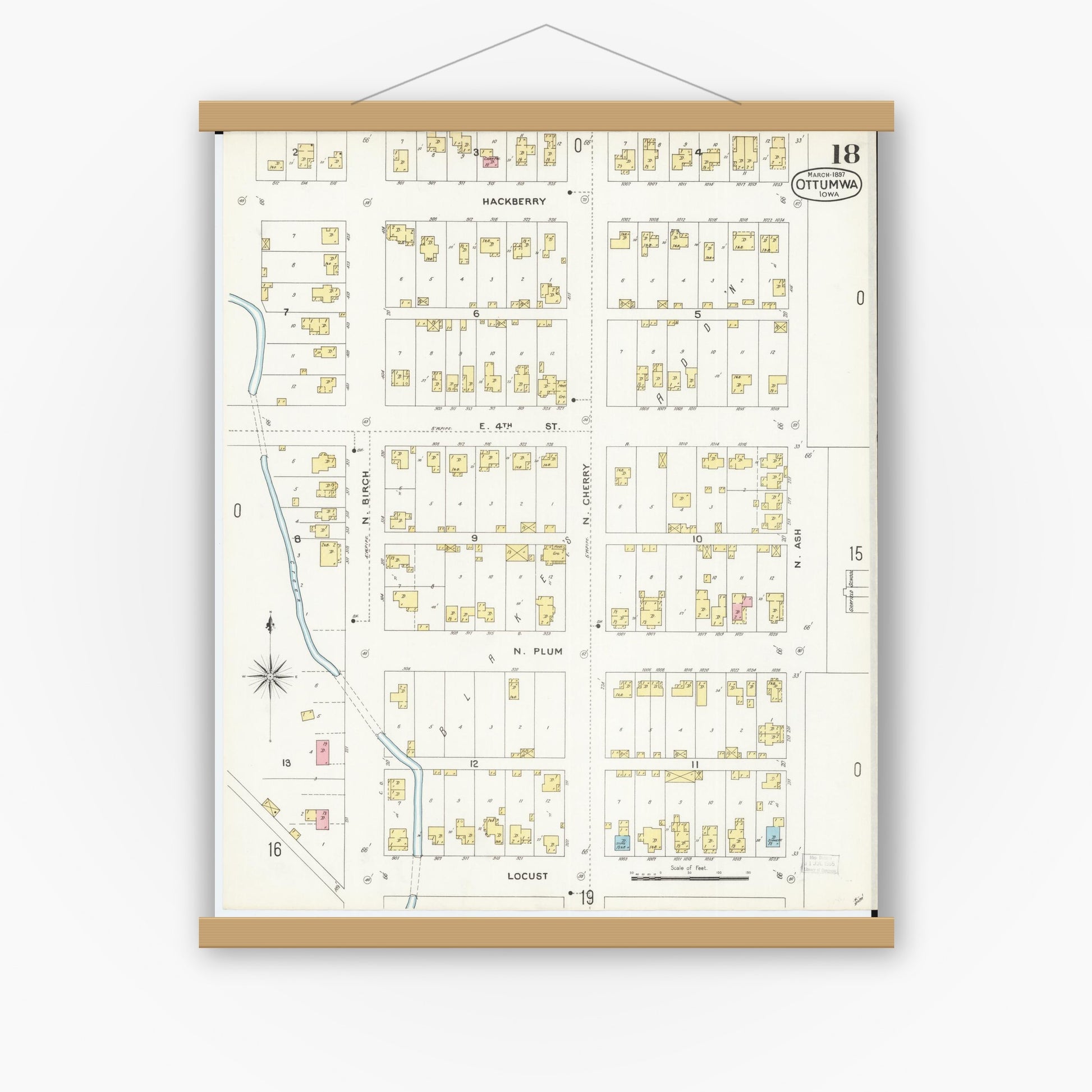 Old map wall art mockup — magnetic wood frame on white wall — Sanborn Fire Insurance Map from Ottumwa, Wapello County, Iowa (1897), Sheet #0018