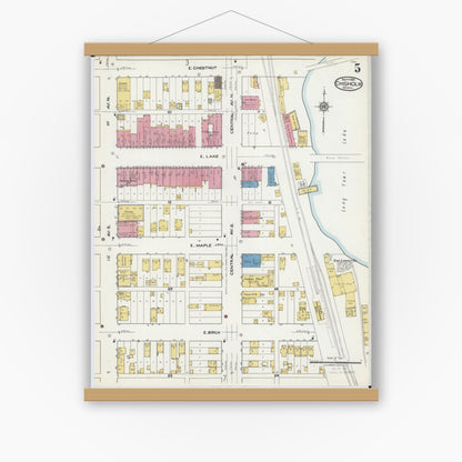 Old map wall art mockup — magnetic wood frame on white wall — Sanborn Fire Insurance Map from Chisholm, Saint Louis County, Minnesota (1921), Sheet #0005