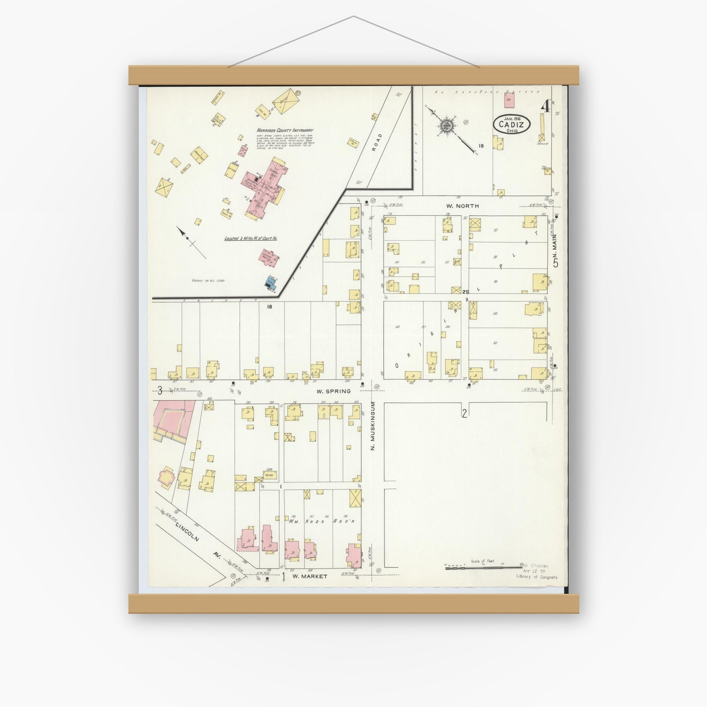Old map wall art mockup — magnetic wood frame on white wall — Sanborn Fire Insurance Map from Cadiz, Harrison County, Ohio (1916), Sheet #0004