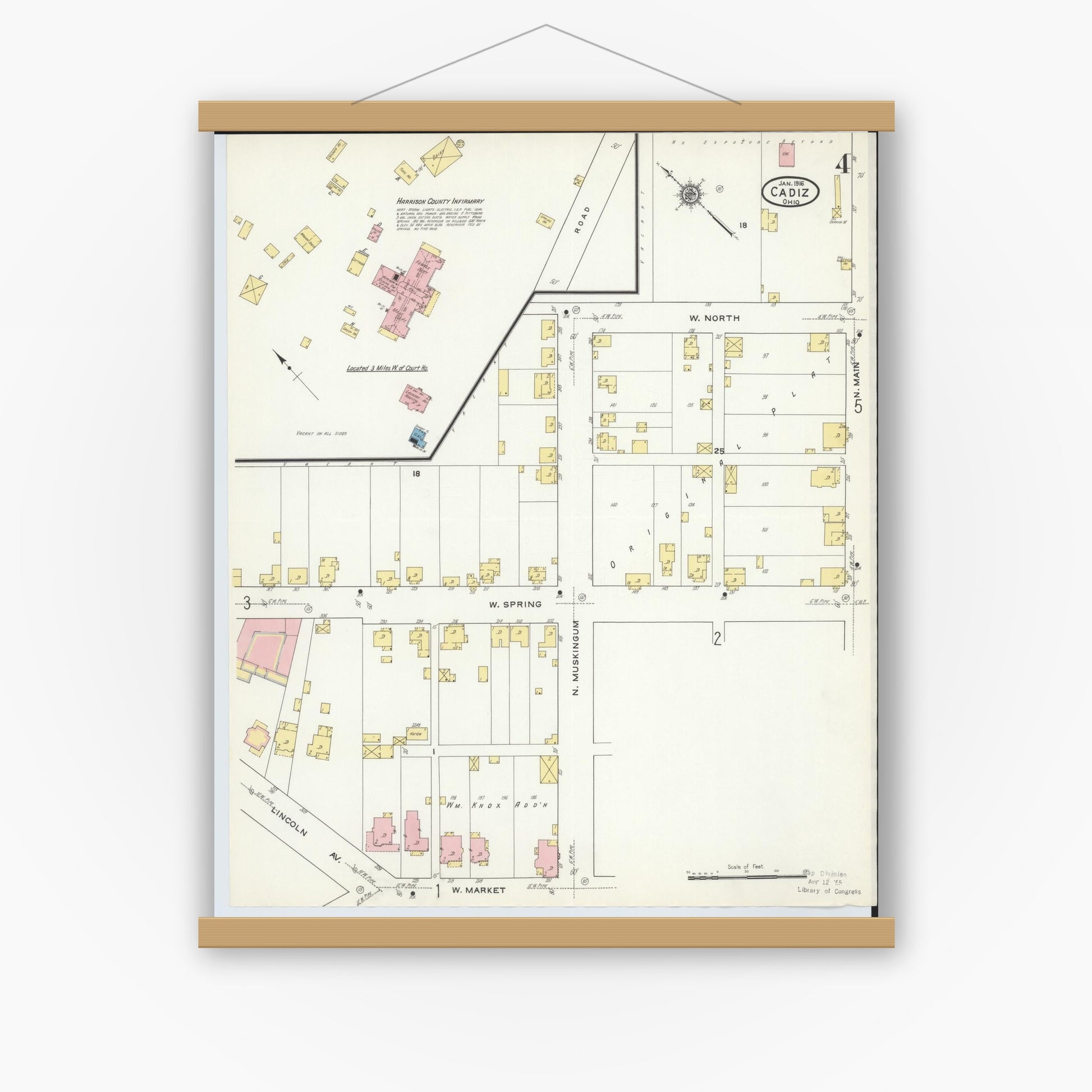 Old map wall art mockup — magnetic wood frame on white wall — Sanborn Fire Insurance Map from Cadiz, Harrison County, Ohio (1916), Sheet #0004