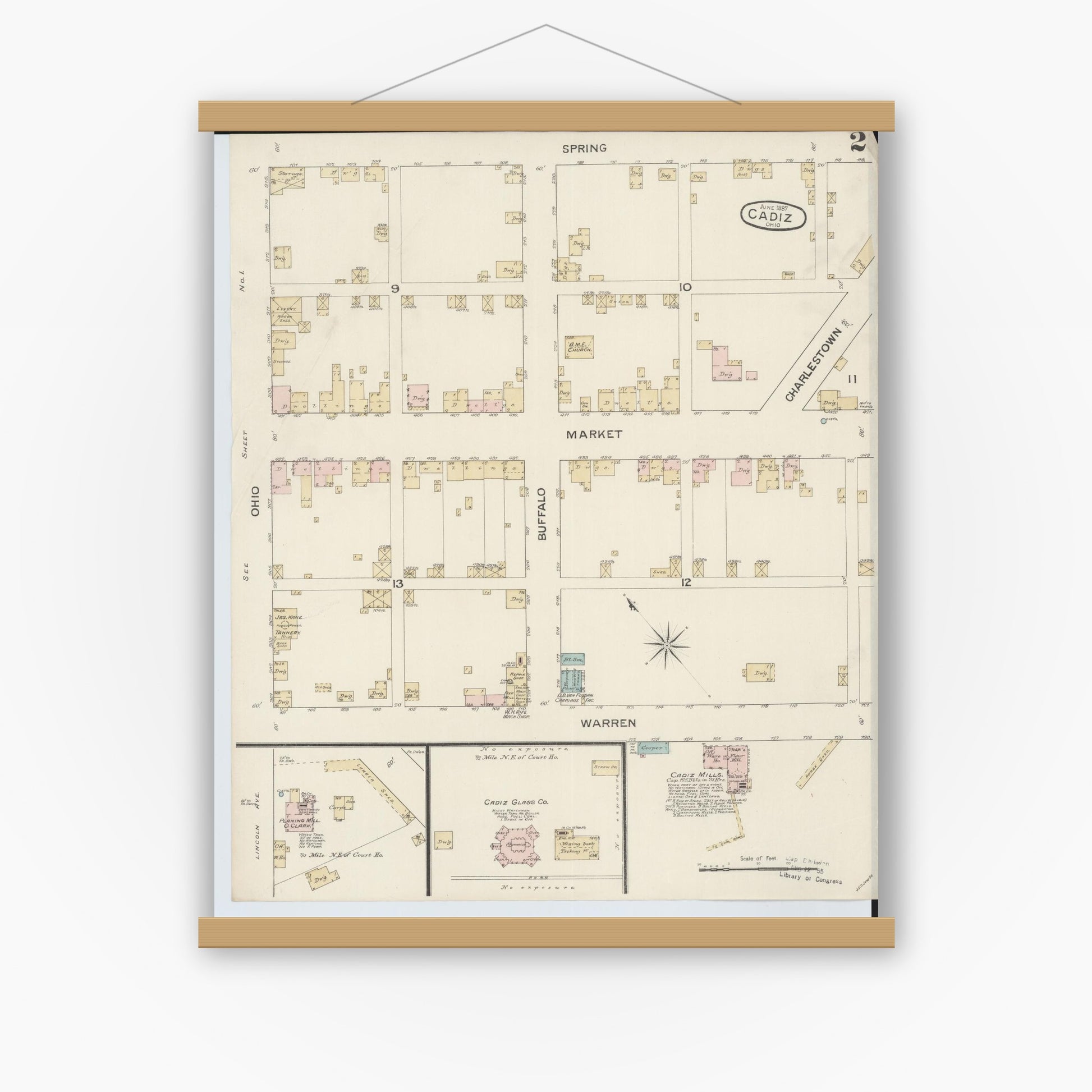 Old map wall art mockup — magnetic wood frame on white wall — Sanborn Fire Insurance Map from Cadiz, Harrison County, Ohio (1887), Sheet #0002