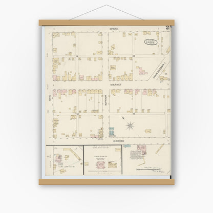 Old map wall art mockup — magnetic wood frame on white wall — Sanborn Fire Insurance Map from Cadiz, Harrison County, Ohio (1887), Sheet #0002