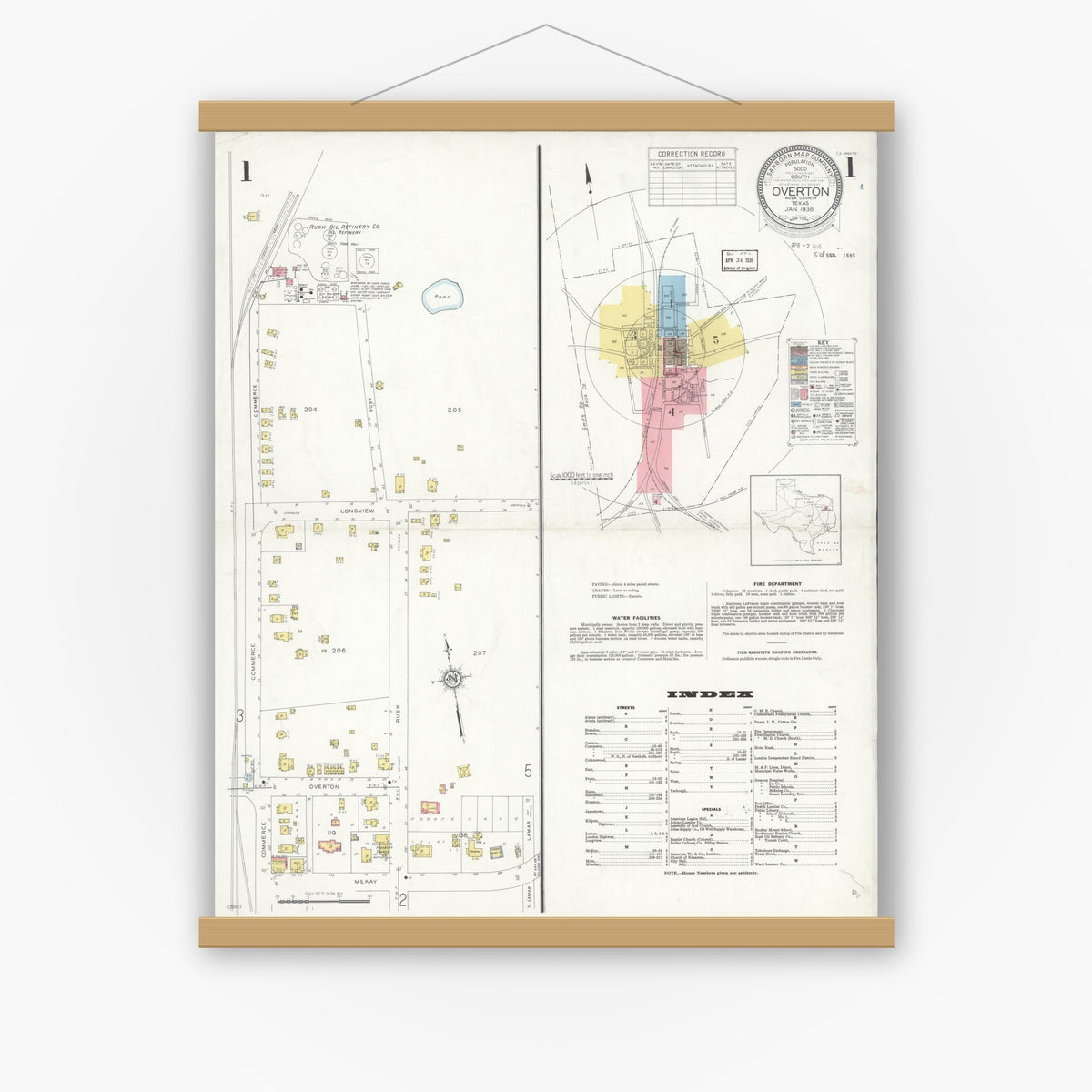 Old map wall art mockup — magnetic wood frame on white wall — Sanborn Fire Insurance Map from Overton, Rusk County, Texas (1936) - Complete Map Set