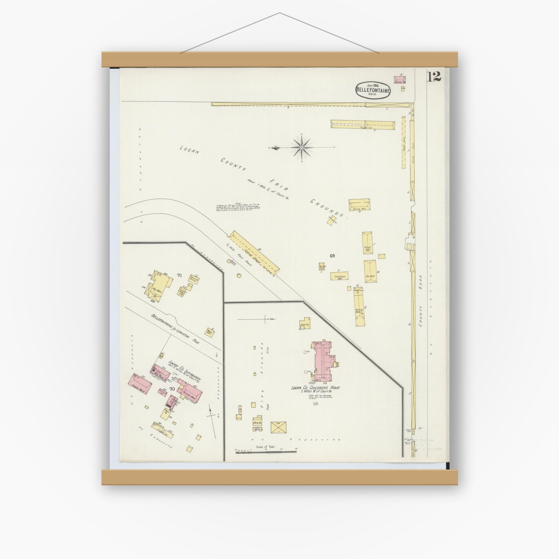 Old map wall art mockup — magnetic wood frame on white wall — Sanborn Fire Insurance Map from Bellefontaine, Logan County, Ohio (1896), Sheet #0012
