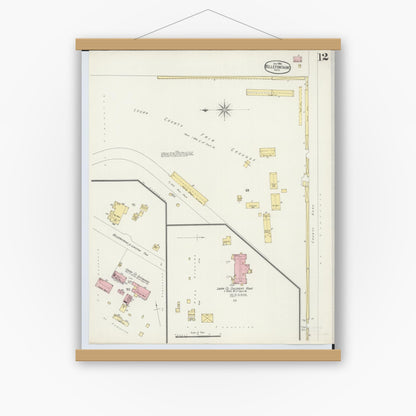 Old map wall art mockup — magnetic wood frame on white wall — Sanborn Fire Insurance Map from Bellefontaine, Logan County, Ohio (1896), Sheet #0012