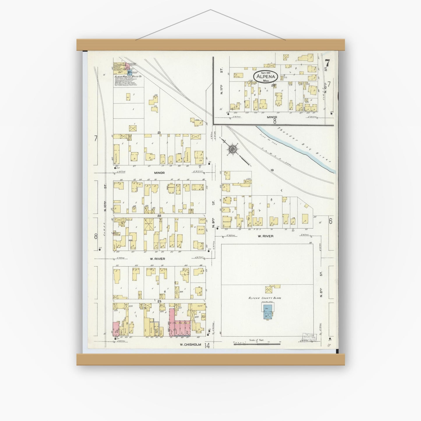 Old map wall art mockup — magnetic wood frame on white wall — Sanborn Fire Insurance Map from Alpena, Alpena County, Michigan (1910), Sheet #0007
