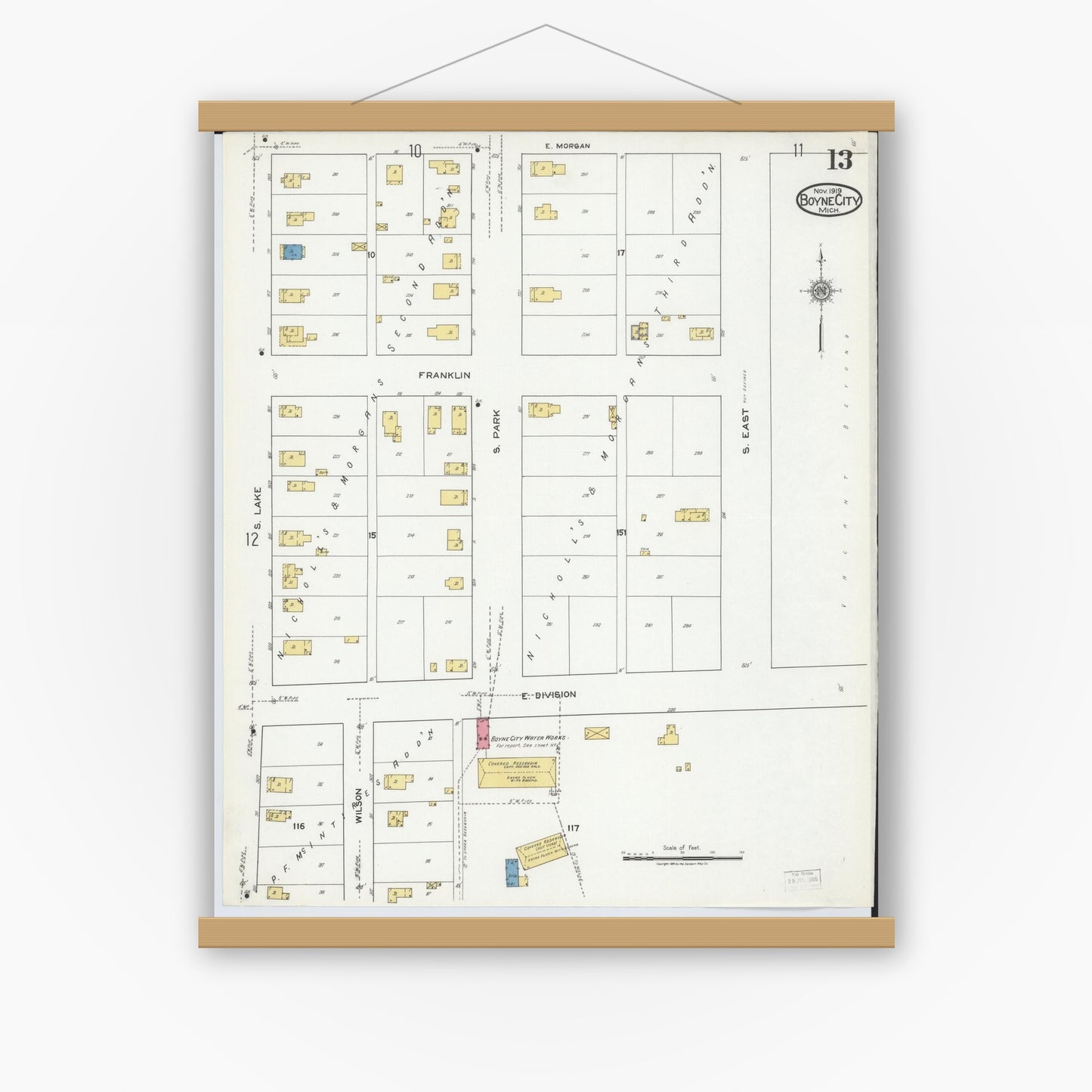 Old map wall art mockup — magnetic wood frame on white wall — Sanborn Fire Insurance Map from Boyne City, Charlevoix County, Michigan (1919), Sheet #0013