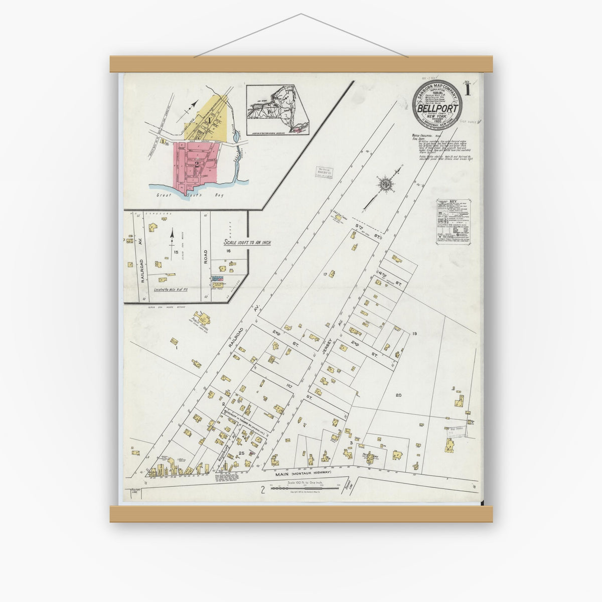 Old map wall art mockup — magnetic wood frame on white wall — Sanborn Fire Insurance Map from Bellport, Suffolk County, New York (1920) - Complete Map Set