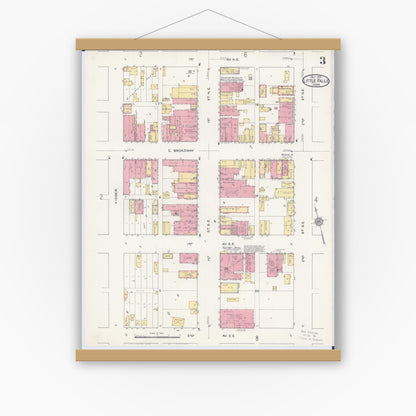 Old map wall art mockup — magnetic wood frame on white wall — Sanborn Fire Insurance Map from Little Falls, Morrison County, Minnesota (1915), Sheet #0003