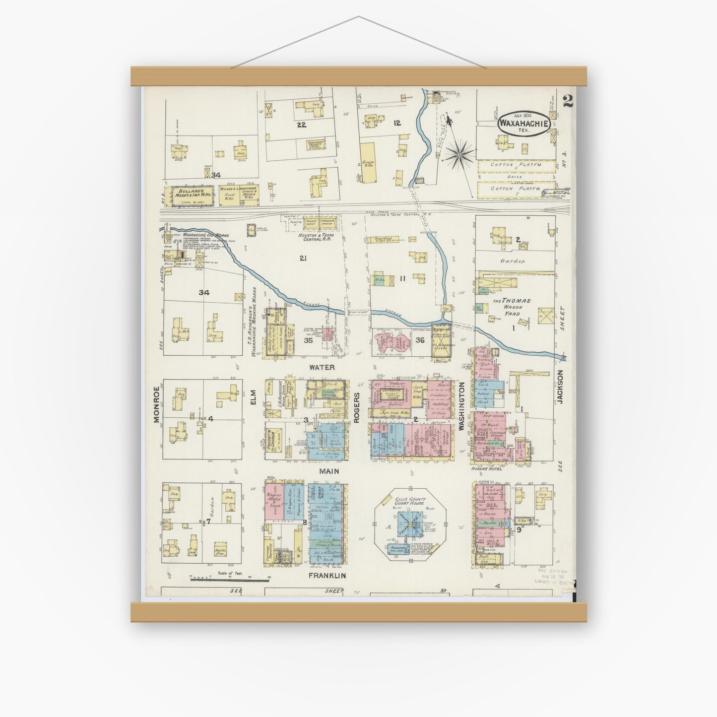 Old map wall art mockup — magnetic wood frame on white wall — Sanborn Fire Insurance Map from Waxahachie, Ellis County, Texas (1890), Sheet #0002