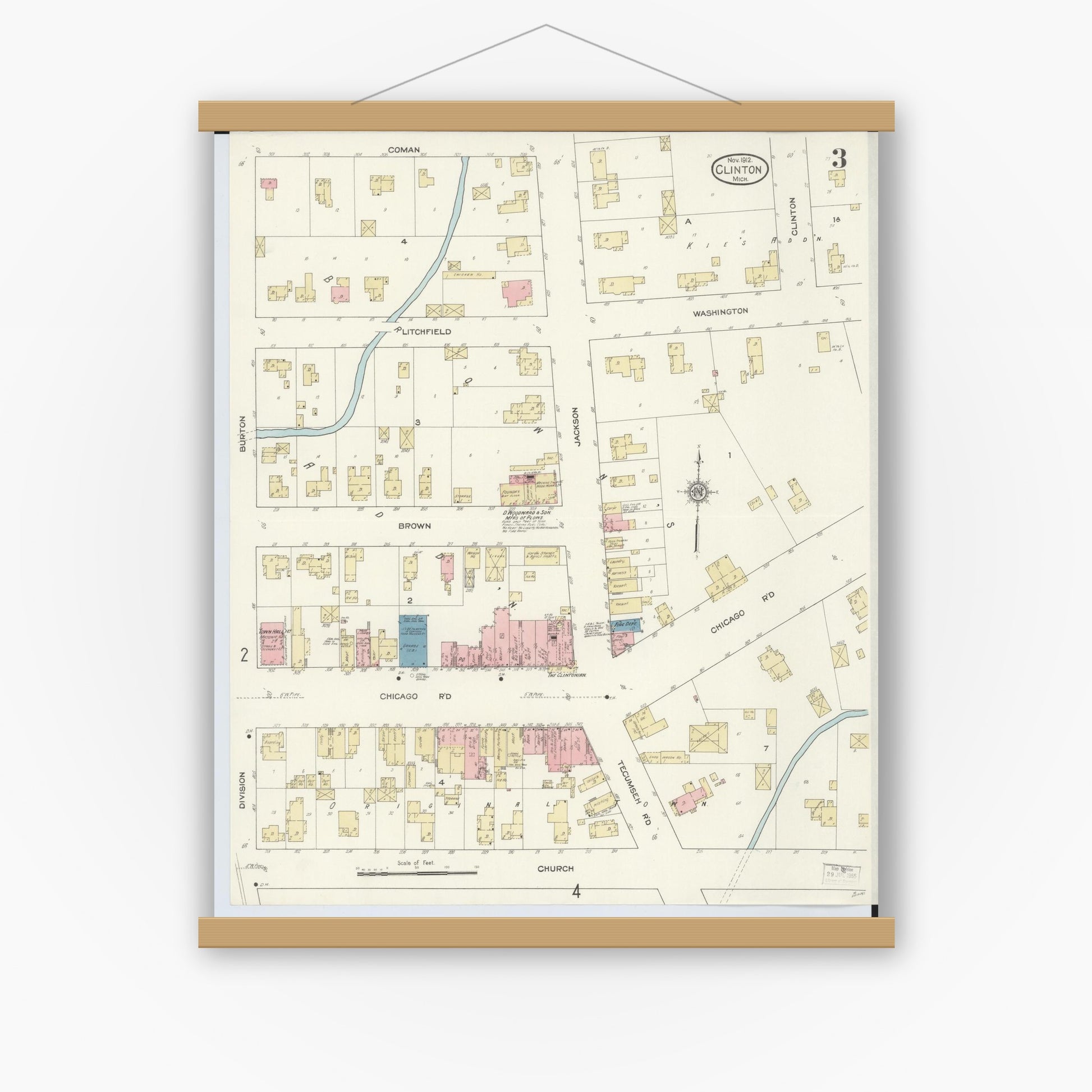 Old map wall art mockup — magnetic wood frame on white wall — Sanborn Fire Insurance Map from Clinton, Lenawee County, Michigan (1912), Sheet #0003