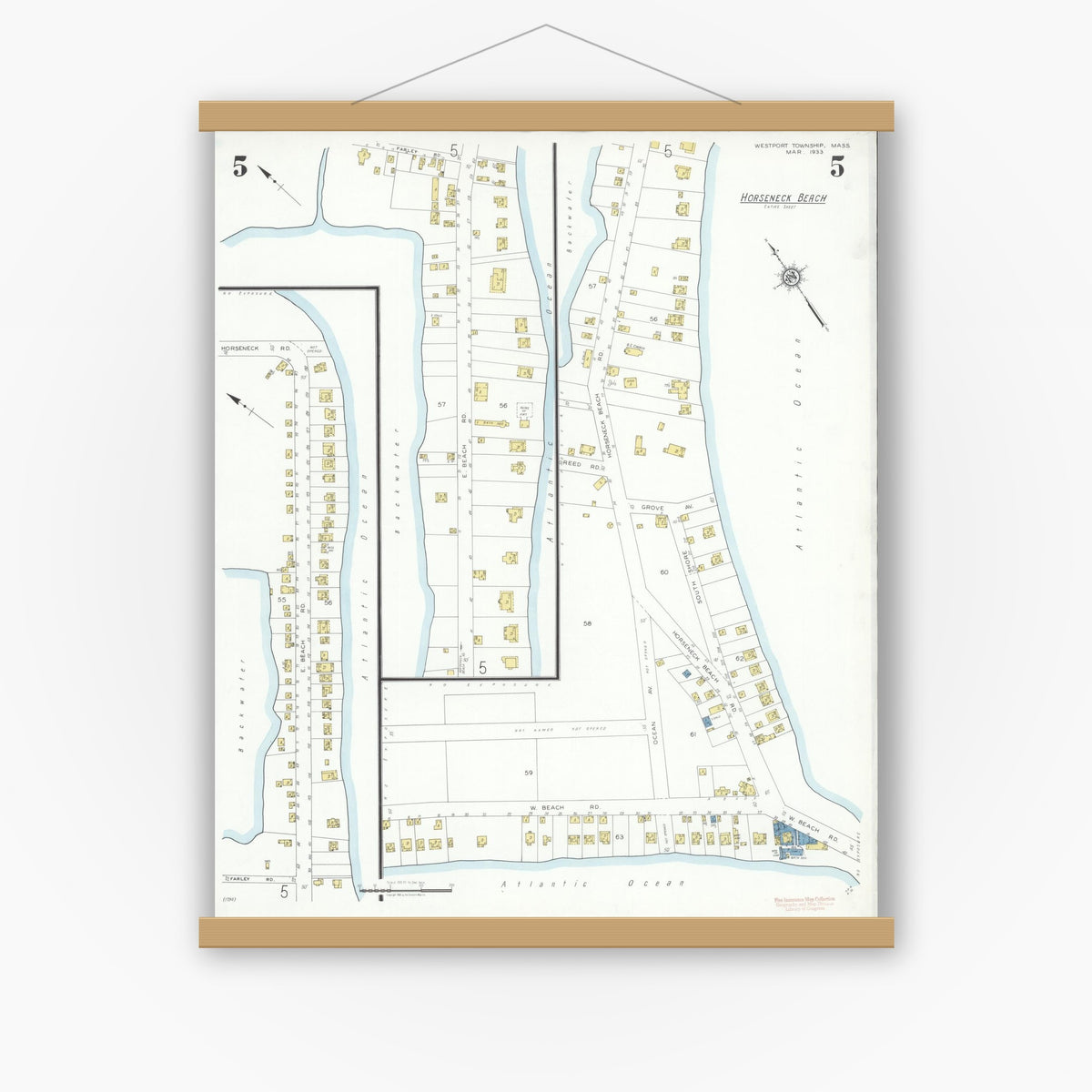Old map wall art mockup — magnetic wood frame on white wall — Sanborn Fire Insurance Map from Westport Township, Bristol County, Massachusetts (1933), Sheet #0005