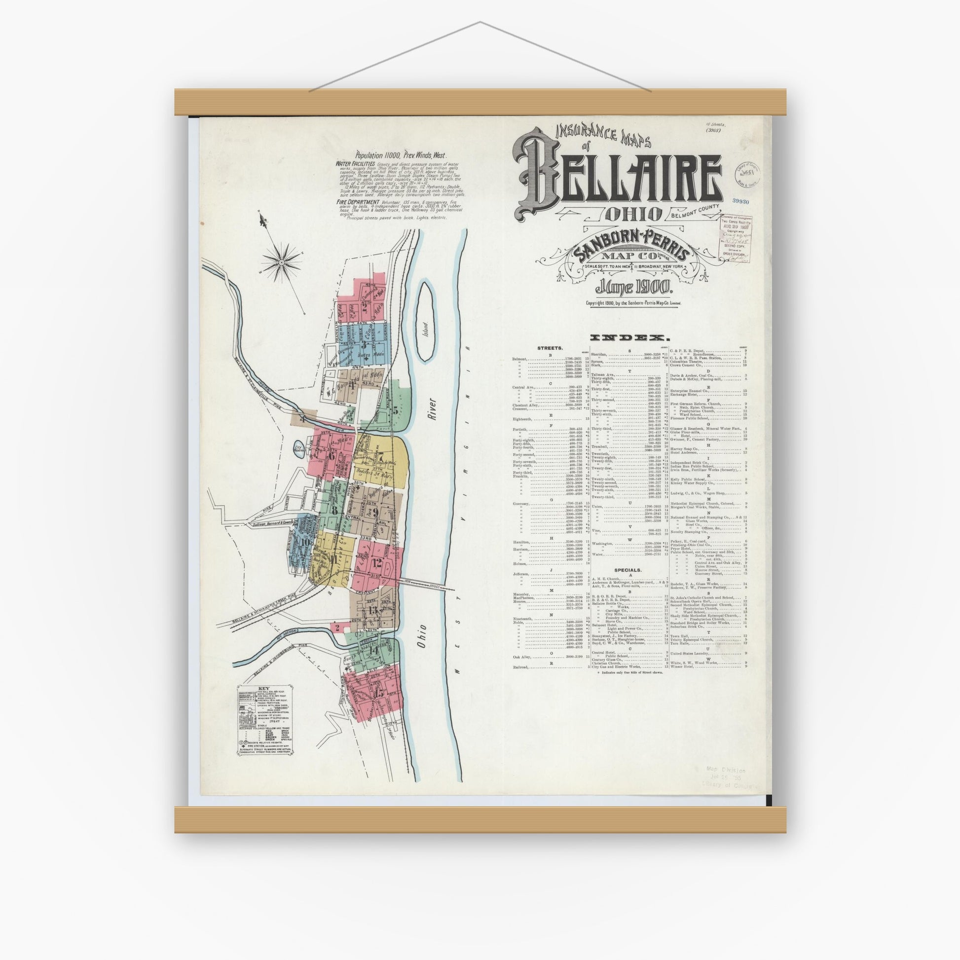 Old map wall art mockup — magnetic wood frame on white wall — Sanborn Fire Insurance Map from Bellaire, Belmont County, Ohio (1900), Sheet #0001