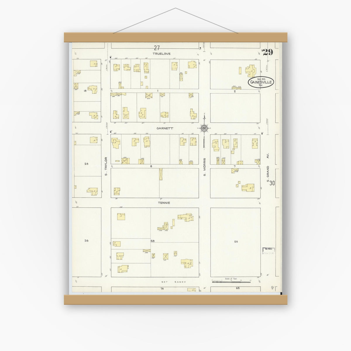 Old map wall art mockup — magnetic wood frame on white wall — Sanborn Fire Insurance Map from Gainesville, Cooke County, Texas (1913), Sheet #0029