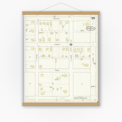 Old map wall art mockup — magnetic wood frame on white wall — Sanborn Fire Insurance Map from Gainesville, Cooke County, Texas (1913), Sheet #0029