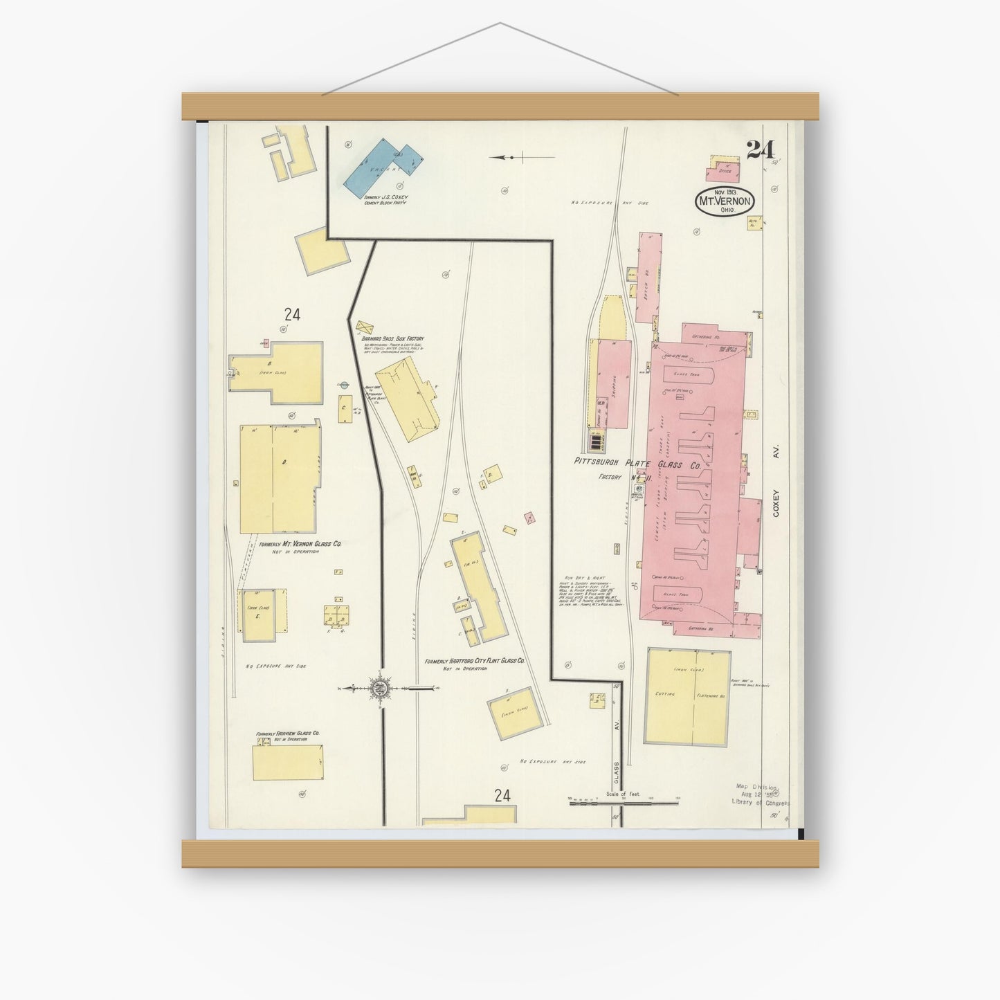 Old map wall art mockup — magnetic wood frame on white wall — Sanborn Fire Insurance Map from Mount Vernon, Knox County, Ohio (1913), Sheet #0024