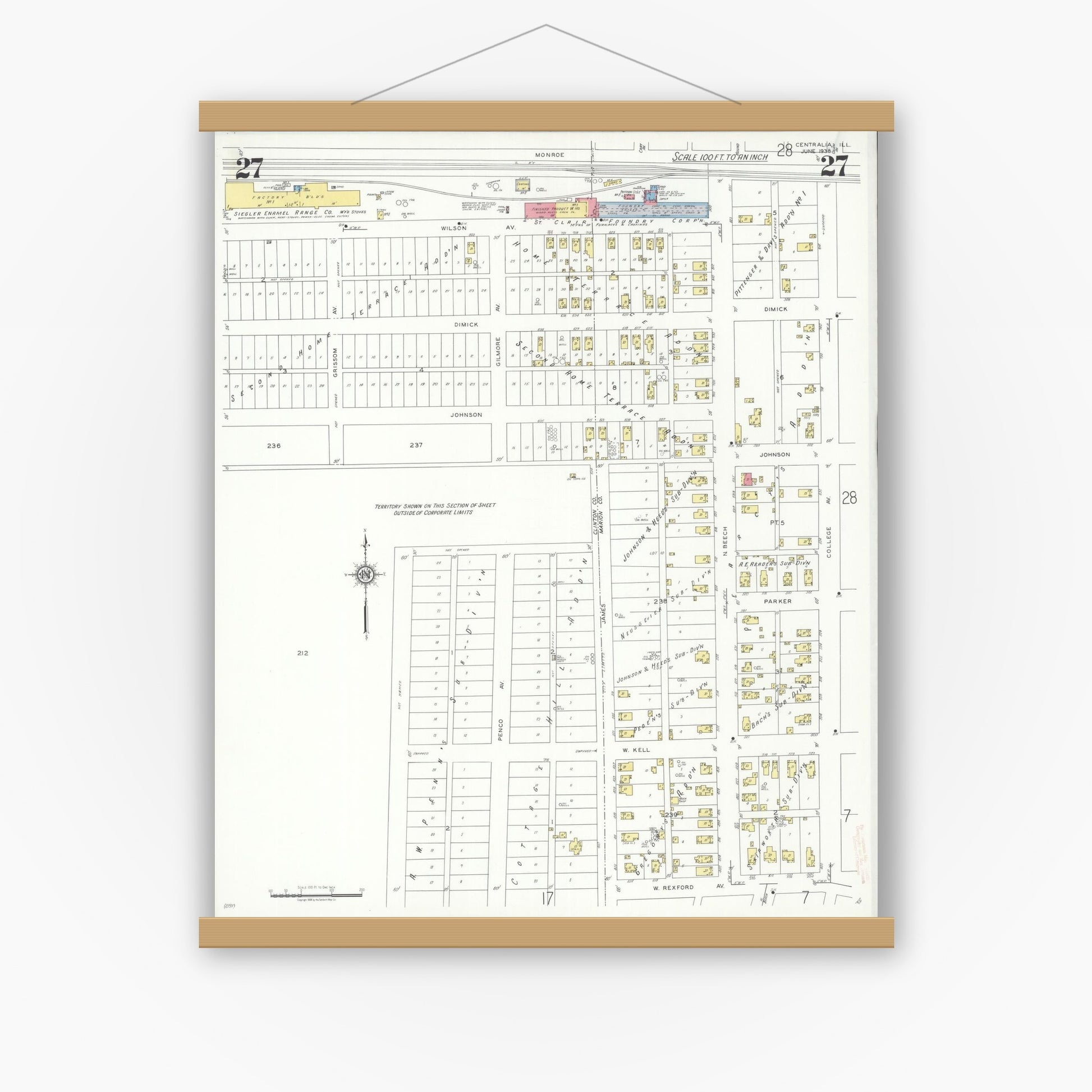 Old map wall art mockup — magnetic wood frame on white wall — Sanborn Fire Insurance Map from Centralia, Marion, Clinton, Jefferson, and Washington Counties, Illinois (1938), Sheet #0027