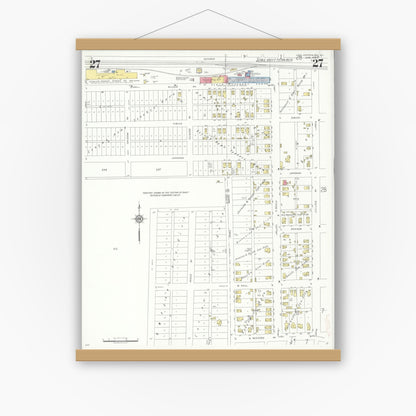 Old map wall art mockup — magnetic wood frame on white wall — Sanborn Fire Insurance Map from Centralia, Marion, Clinton, Jefferson, and Washington Counties, Illinois (1938), Sheet #0027