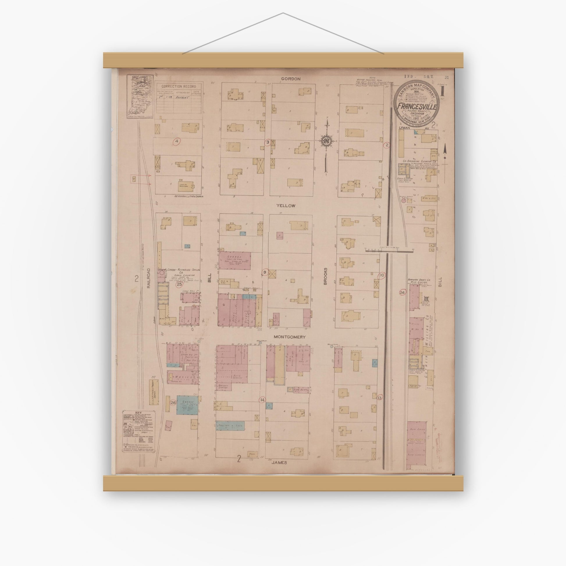 Old map wall art mockup — magnetic wood frame on white wall — Sanborn Fire Insurance Map from Francesville, Pulaski County, Indiana (1933) - Complete Map Set
