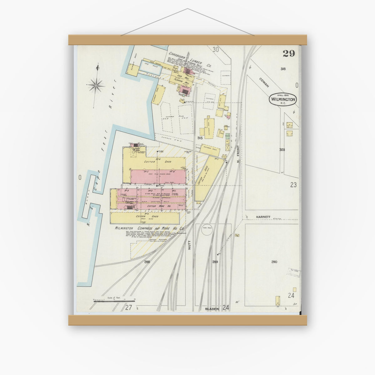 Old map wall art mockup — magnetic wood frame on white wall — Sanborn Fire Insurance Map from Wilmington, New Hanover County, North Carolina (1898), Sheet #0029