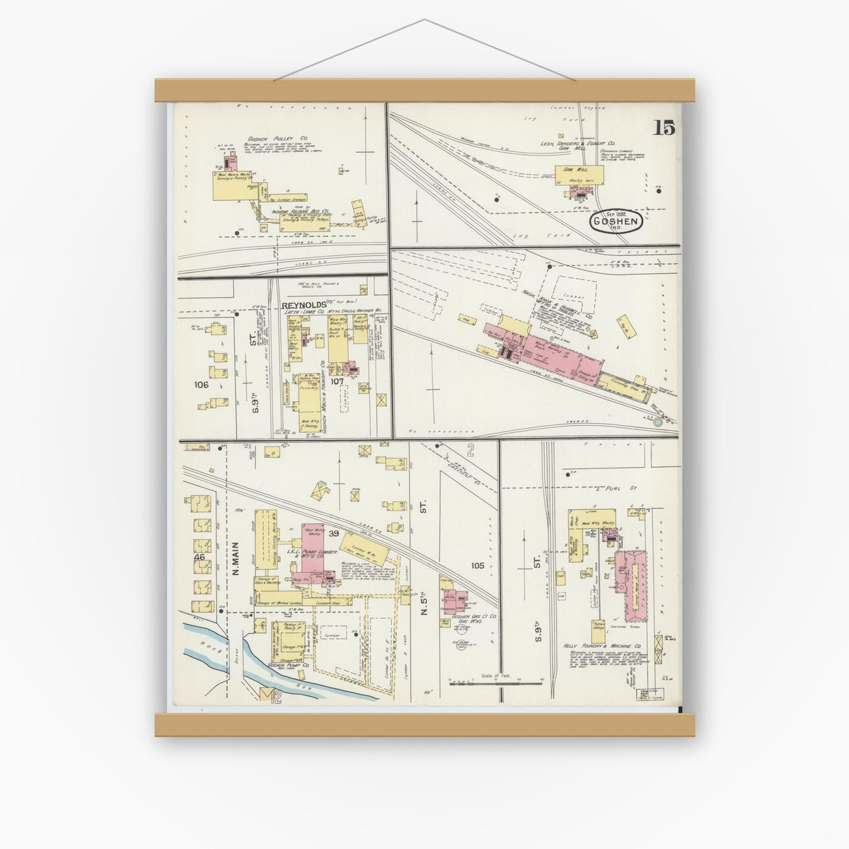 Old map wall art mockup — magnetic wood frame on white wall — Sanborn Fire Insurance Map from Goshen, Elkhart County, Indiana (1892), Sheet #0015