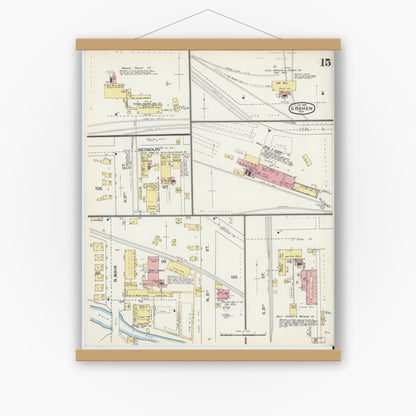 Old map wall art mockup — magnetic wood frame on white wall — Sanborn Fire Insurance Map from Goshen, Elkhart County, Indiana (1892), Sheet #0015