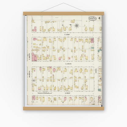 Old map wall art mockup — magnetic wood frame on white wall — Sanborn Fire Insurance Map from Marion, Marion County, Ohio (1888), Sheet #0004
