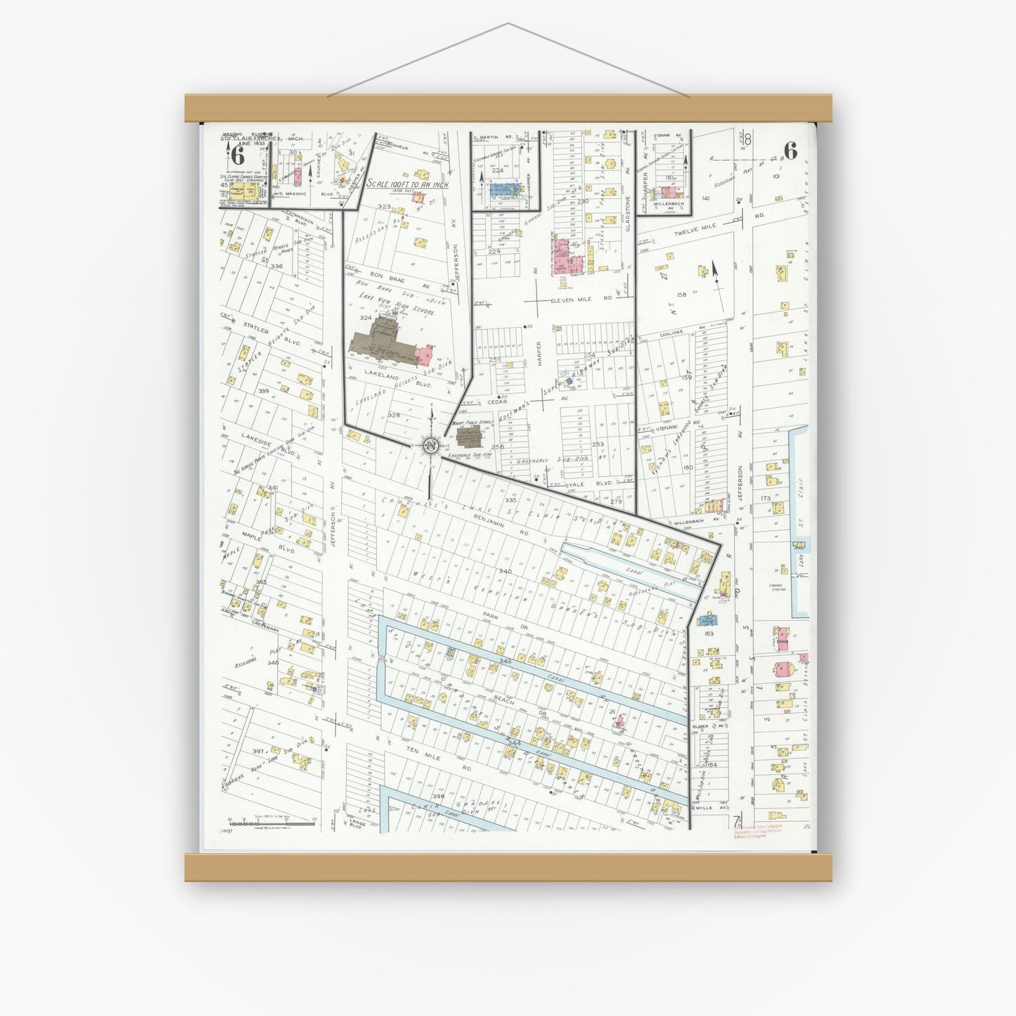 Old map wall art mockup — magnetic wood frame on white wall — Sanborn Fire Insurance Map from Saint Clair Shores, Macomb County, Michigan (1933), Sheet #0006