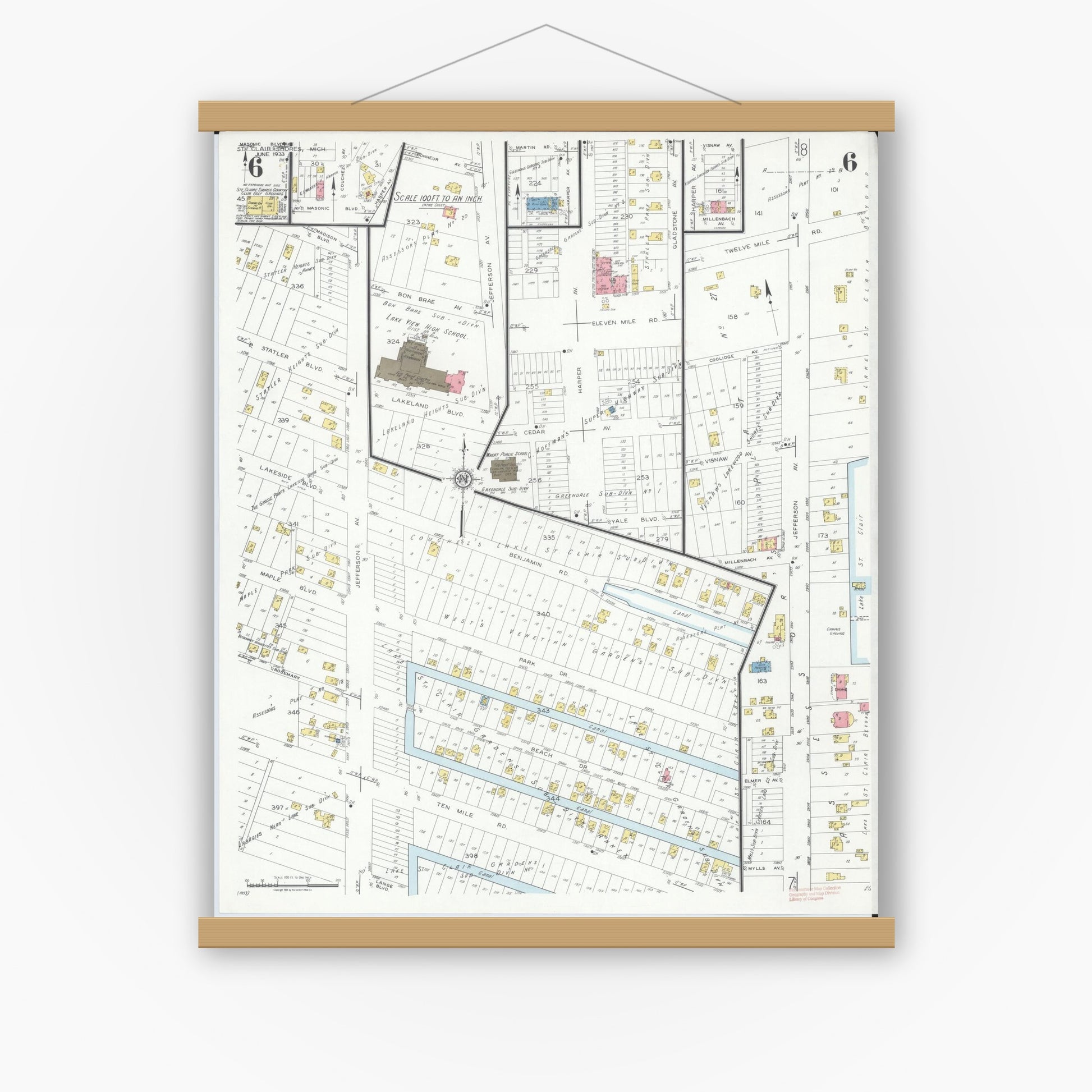 Old map wall art mockup — magnetic wood frame on white wall — Sanborn Fire Insurance Map from Saint Clair Shores, Macomb County, Michigan (1933), Sheet #0006