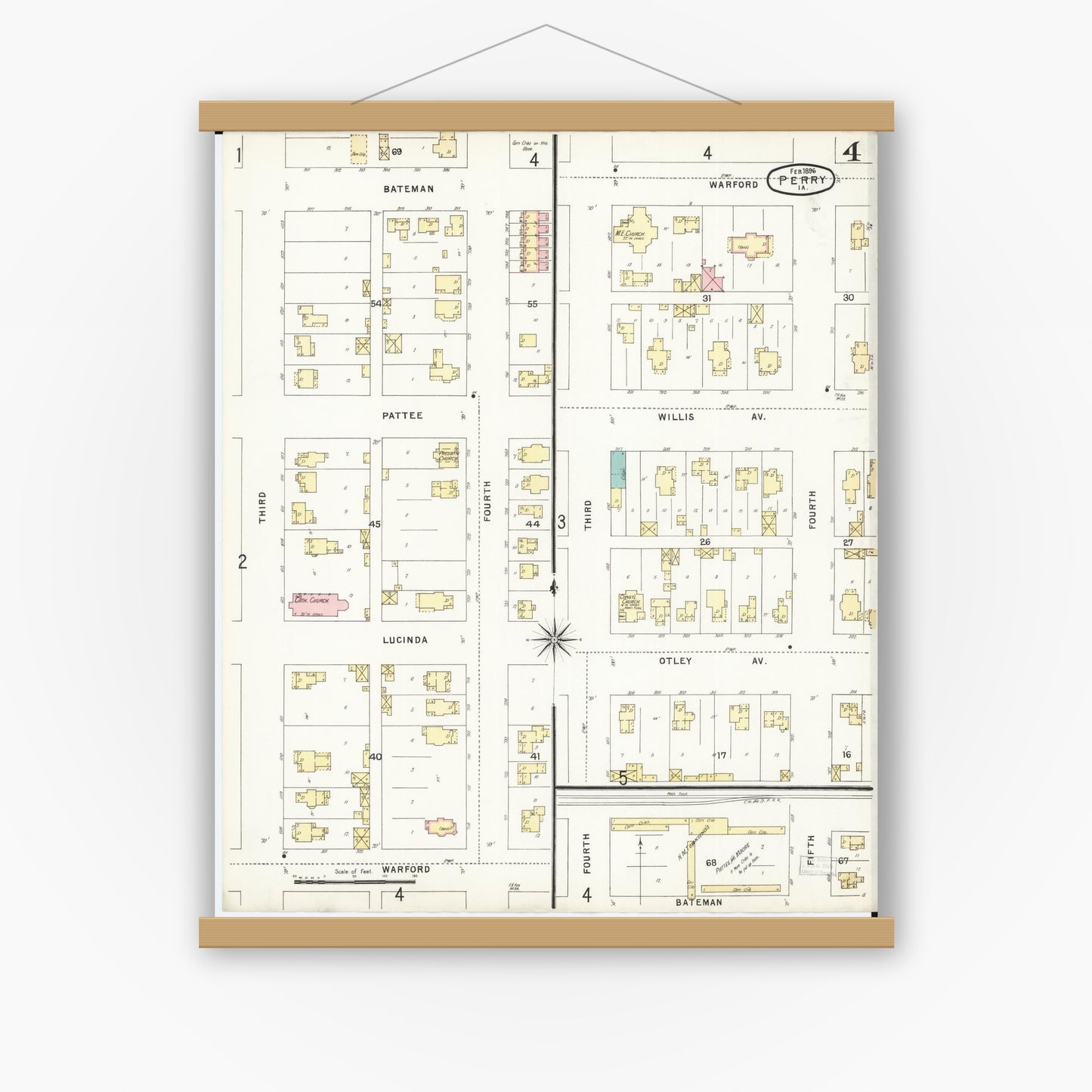 Old map wall art mockup — magnetic wood frame on white wall — Sanborn Fire Insurance Map from Perry, Dallas County, Iowa (1896), Sheet #0004