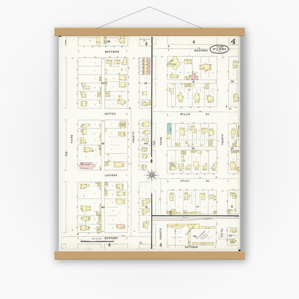 Old map wall art mockup — magnetic wood frame on white wall — Sanborn Fire Insurance Map from Perry, Dallas County, Iowa (1896), Sheet #0004