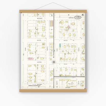 Old map wall art mockup — magnetic wood frame on white wall — Sanborn Fire Insurance Map from Perry, Dallas County, Iowa (1896), Sheet #0004