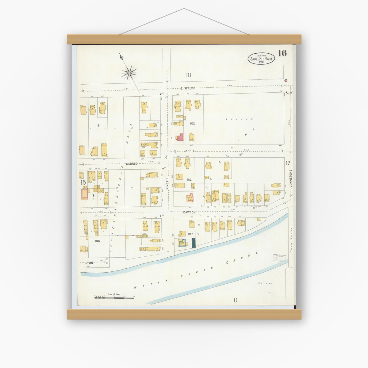Old map wall art mockup — magnetic wood frame on white wall — Sanborn Fire Insurance Map from Sault Sainte Marie, Chippewa County, Michigan (1906), Sheet #0016