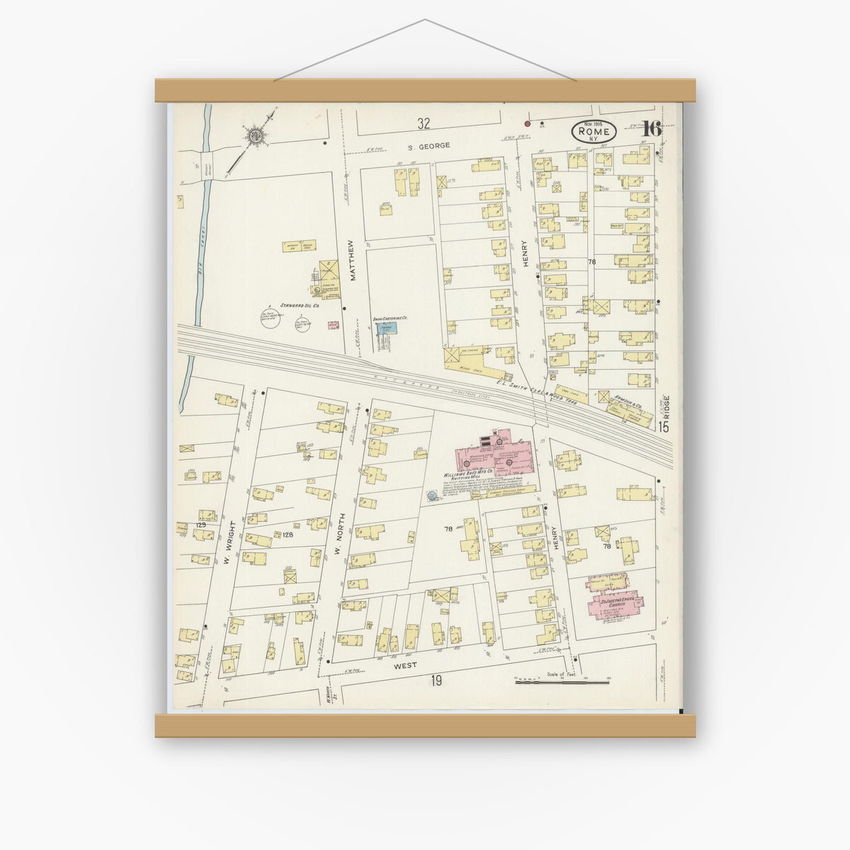 Old map wall art mockup — magnetic wood frame on white wall — Sanborn Fire Insurance Map from Rome, Oneida County, New York (1914), Sheet #0016