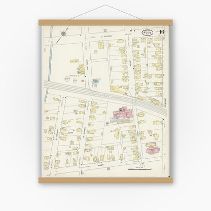 Old map wall art mockup — magnetic wood frame on white wall — Sanborn Fire Insurance Map from Rome, Oneida County, New York (1914), Sheet #0016