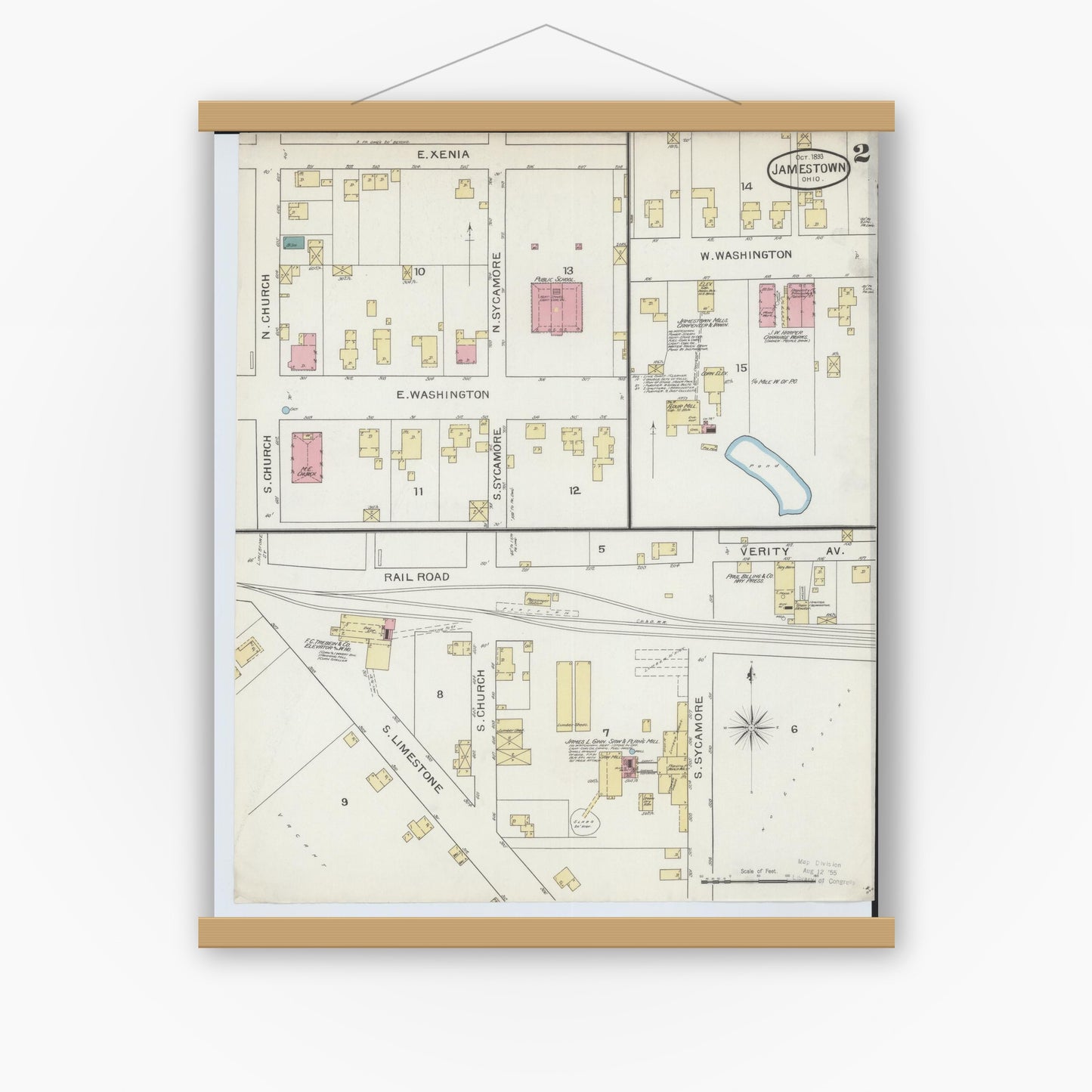 Old map wall art mockup — magnetic wood frame on white wall — Sanborn Fire Insurance Map from Jamestown, Greene County, Ohio (1893), Sheet #0002