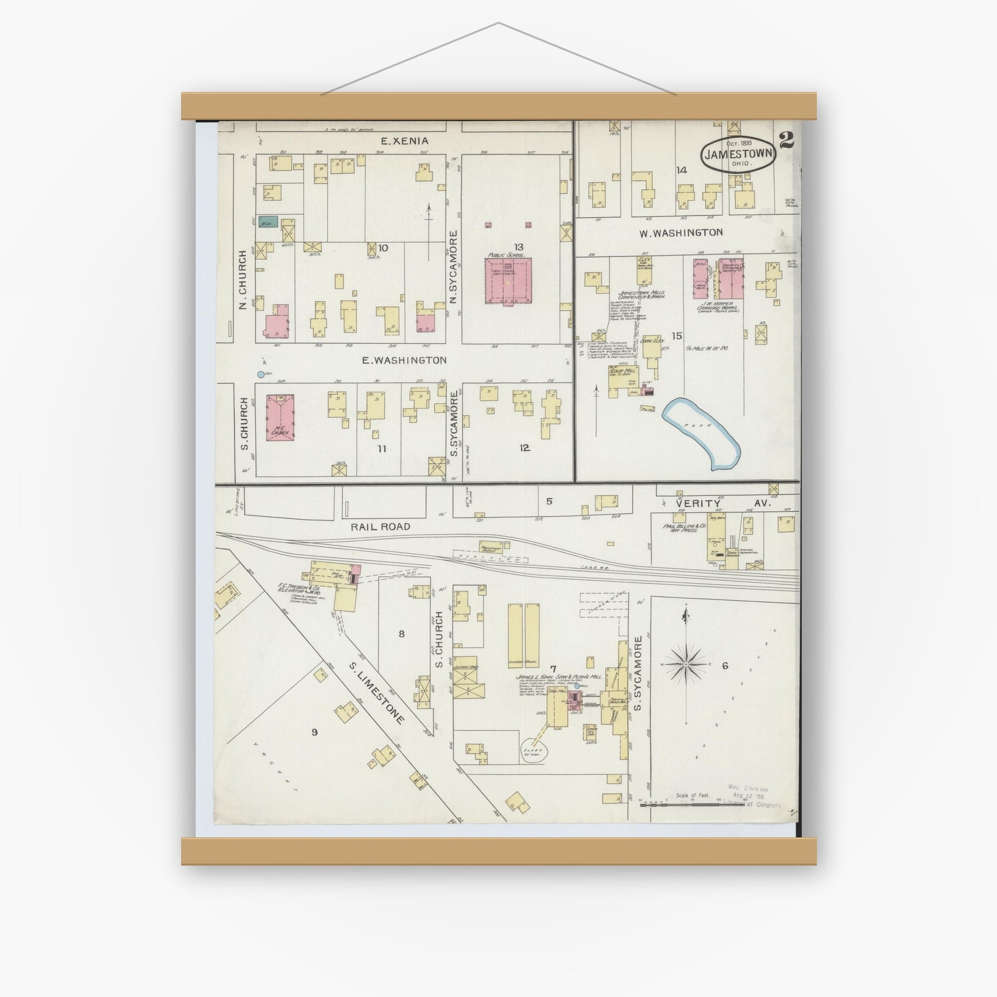 Old map wall art mockup — magnetic wood frame on white wall — Sanborn Fire Insurance Map from Jamestown, Greene County, Ohio (1893), Sheet #0002