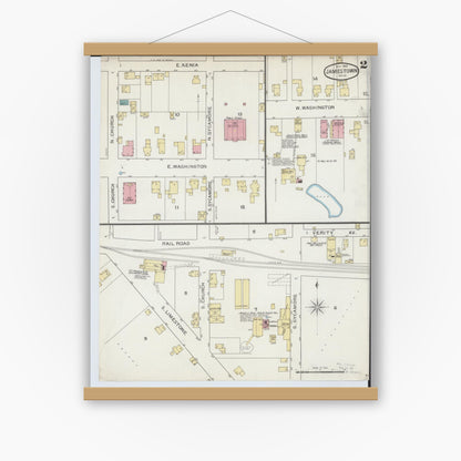 Old map wall art mockup — magnetic wood frame on white wall — Sanborn Fire Insurance Map from Jamestown, Greene County, Ohio (1893), Sheet #0002