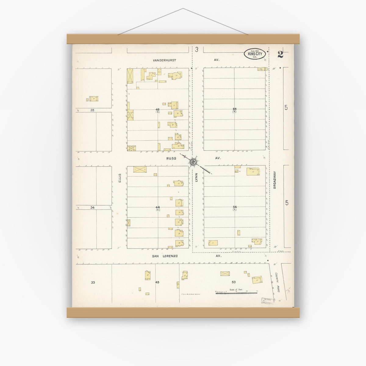 Old map wall art mockup — magnetic wood frame on white wall — Sanborn Fire Insurance Map from King City, Monterey County, California (1910), Sheet #0002
