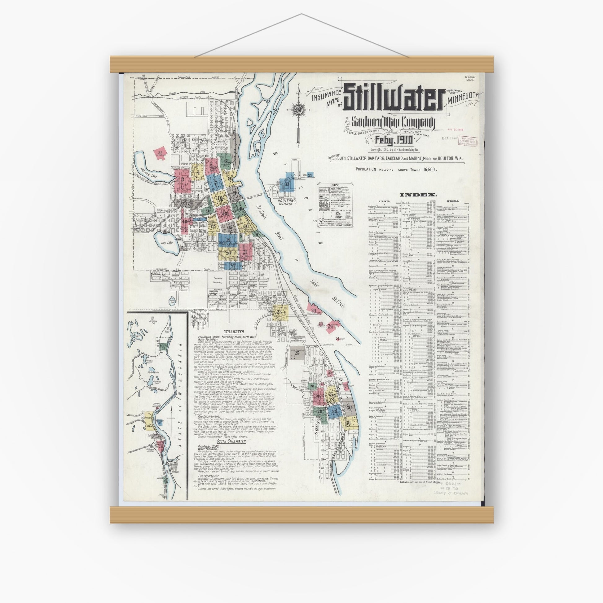 Old map wall art mockup — magnetic wood frame on white wall — Sanborn Fire Insurance Map from Stillwater, Washington County, Minnesota (1910) - Complete Map Set