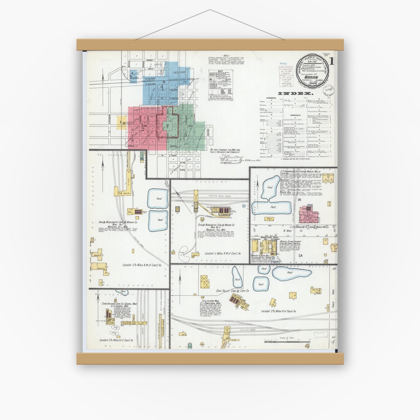 Old map wall art mockup — magnetic wood frame on white wall — Sanborn Fire Insurance Map from Marion, Williamson County, Illinois (1900), Sheet #0003