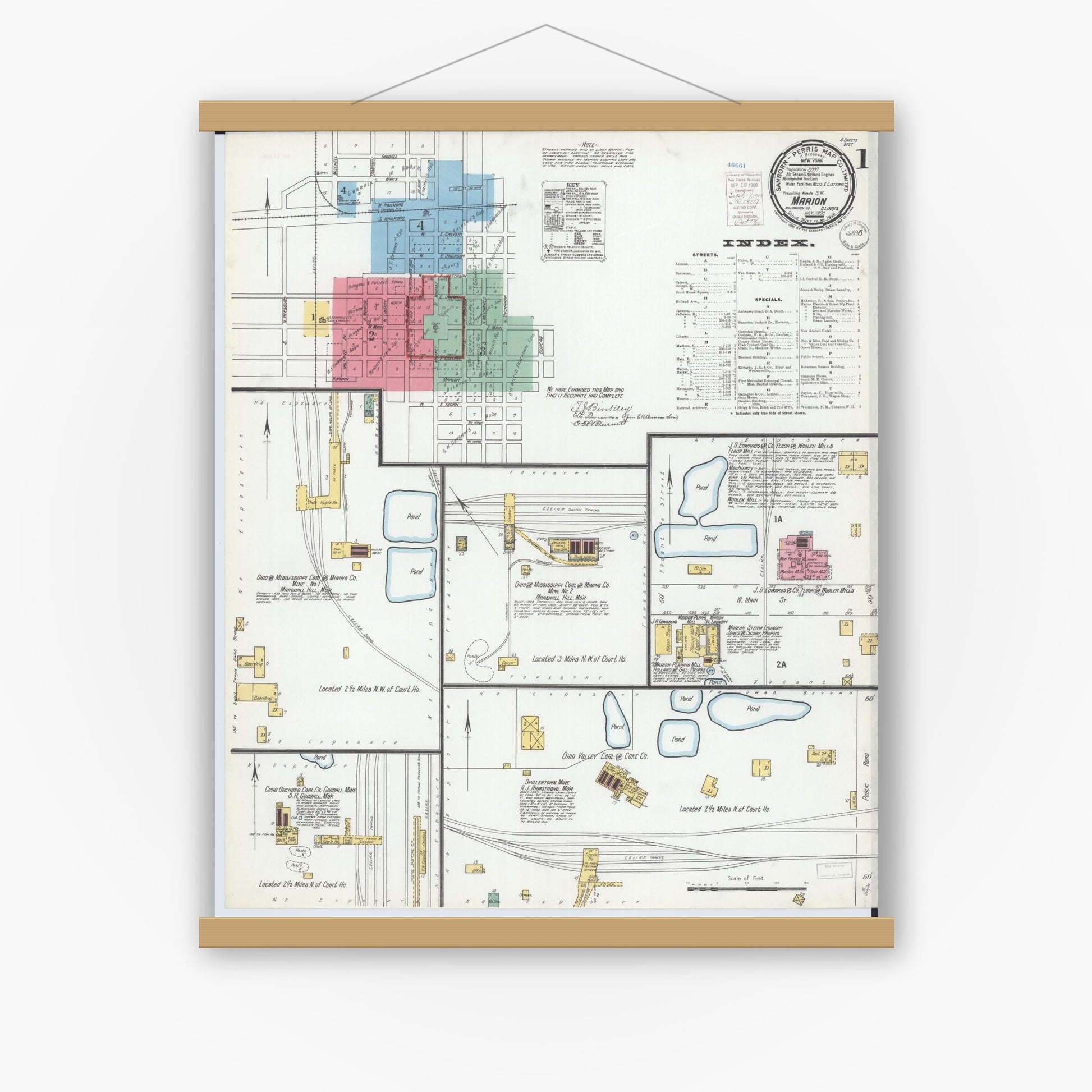 Old map wall art mockup — magnetic wood frame on white wall — Sanborn Fire Insurance Map from Marion, Williamson County, Illinois (1900), Sheet #0003