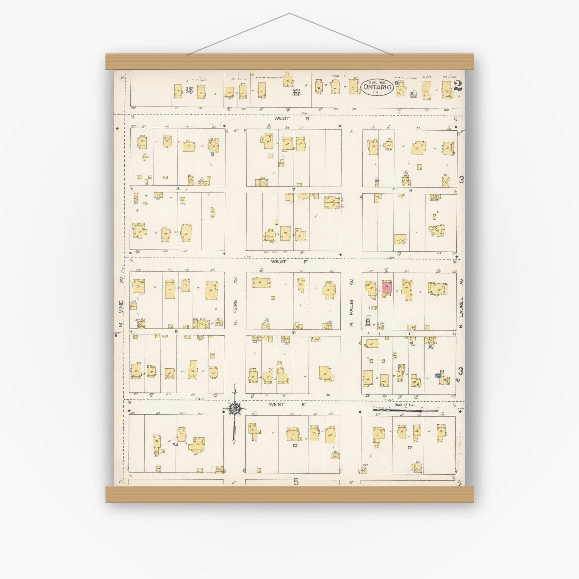 Old map wall art mockup — magnetic wood frame on white wall — Sanborn Fire Insurance Map from Ontario, San Bernardino County, California (1912), Sheet #0002